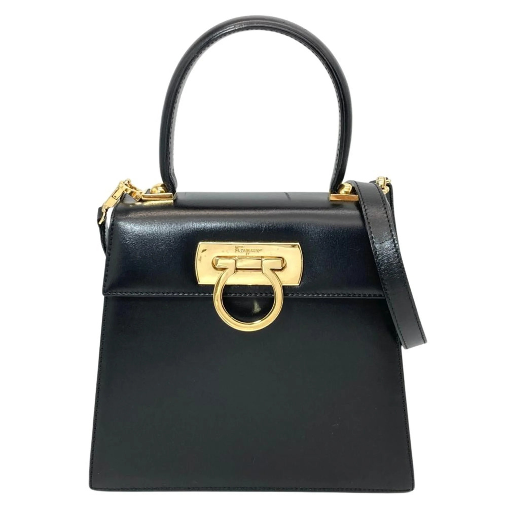 Salvatore Ferragamo Ferragamo Gancini Handbag, 2-Way, Leather, AQ-212193, Bla...